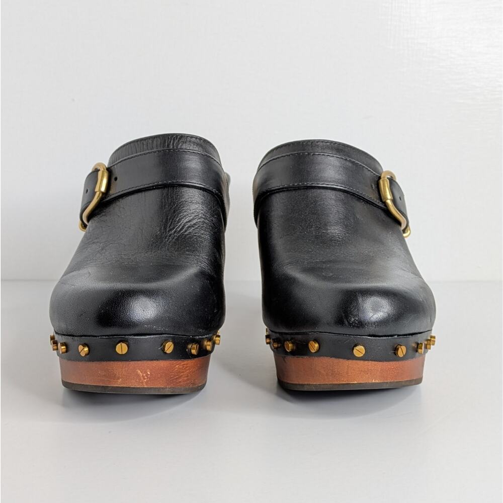 Veronica Beard Hendrix Platform Clogs 9 Black Leather Wood Heel Slip On Mules - Picture 5 of 16